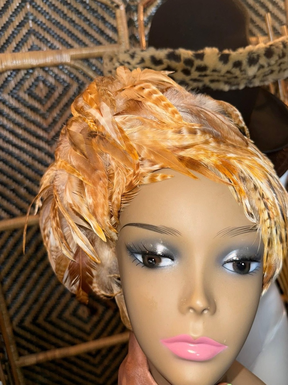 Feathered Turban Headpiece in Golden Tan and clip on earrings